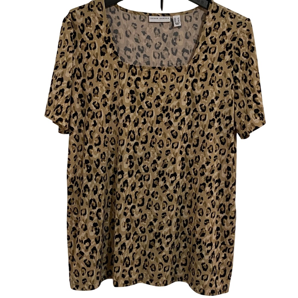 Susan Graver Leopard Print Indie Chic Short Sleeve Top Womens L Tan Black - Picture 2 of 5